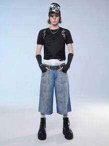 Manfinity Denimwave Men's Baggy Wide Leg Denim Shorts With Pockets, 3/4 Length, Casual Streetwear - Light Wash - View 5