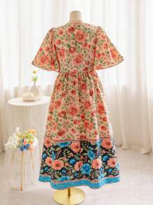 Soleia Plus Size Women's Floral Splice Contrast Graphic Print Maxi Festival Boho Beach Shirt Dress