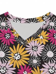 1pc Floral Print Short Sleeve Scrub Top - Multicolor - View 3