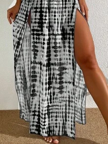 Swim Vcay 女士染色印花分裂休閒沙灘遮陽裙，夏季適用 - 黑與白 - 查看 3