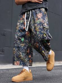 Manfinity EMRG Men's Vintage Camouflage Loose Wide Leg Capri Pants, Streetwear ,Camo Pants , Baggy Pants - Navy Blue - View 2