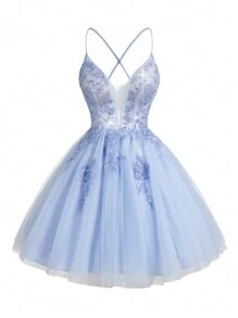 SHEIN Belle Elegant, Romantic And Cute Light Blue Spaghetti Strap Dress Featuring Deep V-Neck, Flowing Powder Mesh Contrast, 3D Glitter Design, High Waist A-Line Silhouette, Full Of Volume Umbrella Hem, Puff Princess And Ballet Style. Perfect For Music Festivals, Beach Vacations, Back-To-School Season, Graduation Season, Dances, Weddings, Receptions, Single Parties, Afternoon Tea, Dates, Gatherings, And Cocktail Parties Prom Semi Formal Wedding Guest Dress, For Birthday, Homecoming