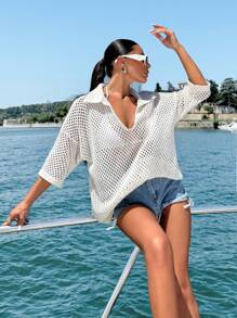 EURMUSE Top décontracté à col polo en tricot ouvert pour femme, pour l'été et les vacances à la plage - Beige - Voir 7