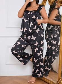 Große Größen- Pyjama Set mit Schmetterling Muster, Quadratisch-Ausschnitt und Spitzenverzierung