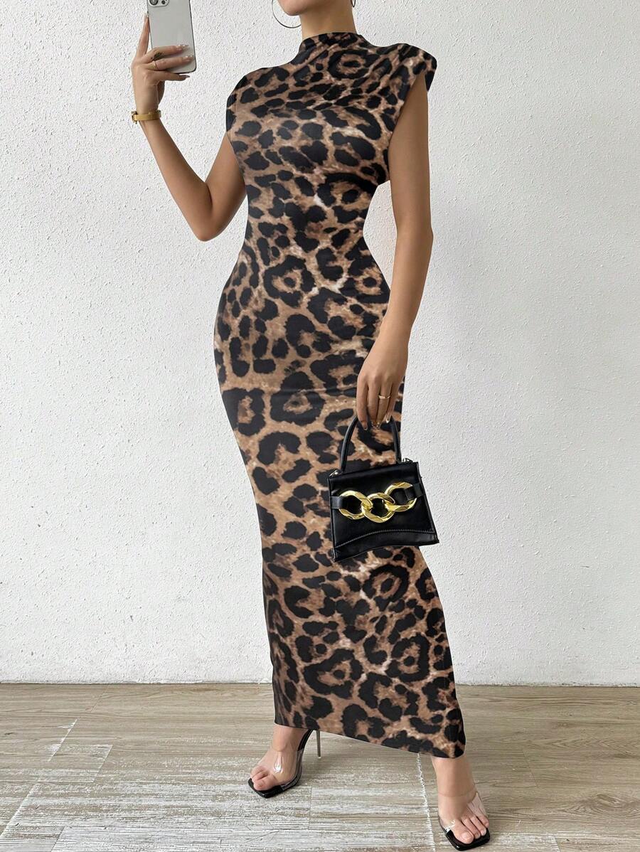 RosyDaze Women's Leopard Print Stand Collar Padded Shoulder Bodycon Dress Maxi Women Outfit - Multicolor - View 1