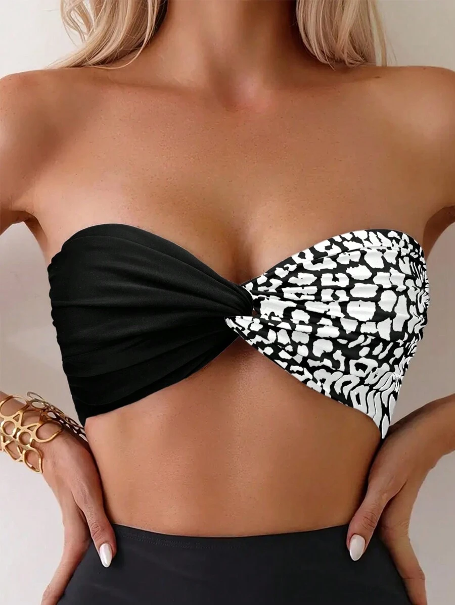 SHEIN Swim Áo bikini đi biển mùa hè họa tiết da báo Twist Knot Bandeau dành cho nữ - Đen và trắng - Xem 1