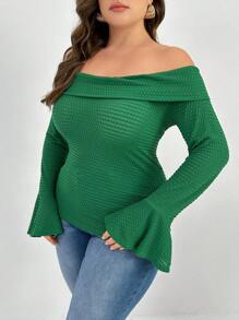 Mulvari Plus Size Nữ Xuân/Hè Màu Trơn Trễ Vai Áo Phông Slim Fit Có Tay Chuông - màu xanh lá - Xem 4