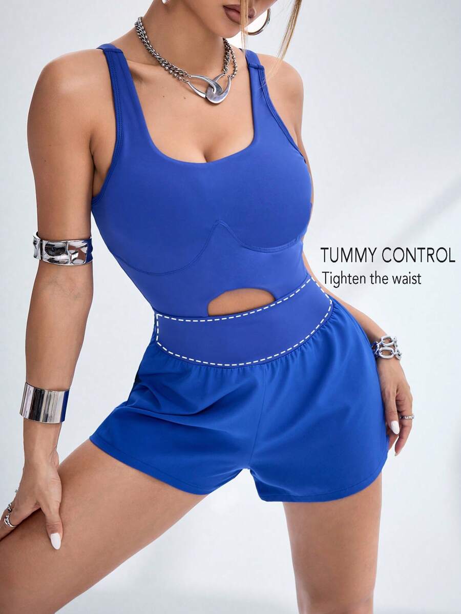 Innovista 运动收腹提臀连体衣，夏季健身服，瑜伽服，健身房服，骑行连体衣，弹力镂空连体衣，蓝色连体衣，可拆卸胸垫，女士连体裤，连身裤，网球服，秋季女士服装，清爽浅蓝色 - 寶藍色 - 查看 1