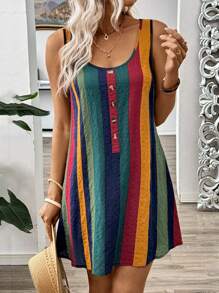 EMERY ROSE Colorful Wide-Striped Round Neck Sleeveless A-Line Suspender Dress, Spring/Summer
