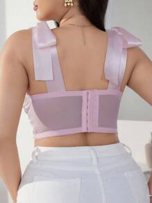 SHEIN 提花圖案緞帶綁帶長型胸罩，可作外穿穿著，帶蕾絲修邊，粉紅色，大碼胸罩＆無線胸罩，稍微塑形 - 粉色 - 查看 2