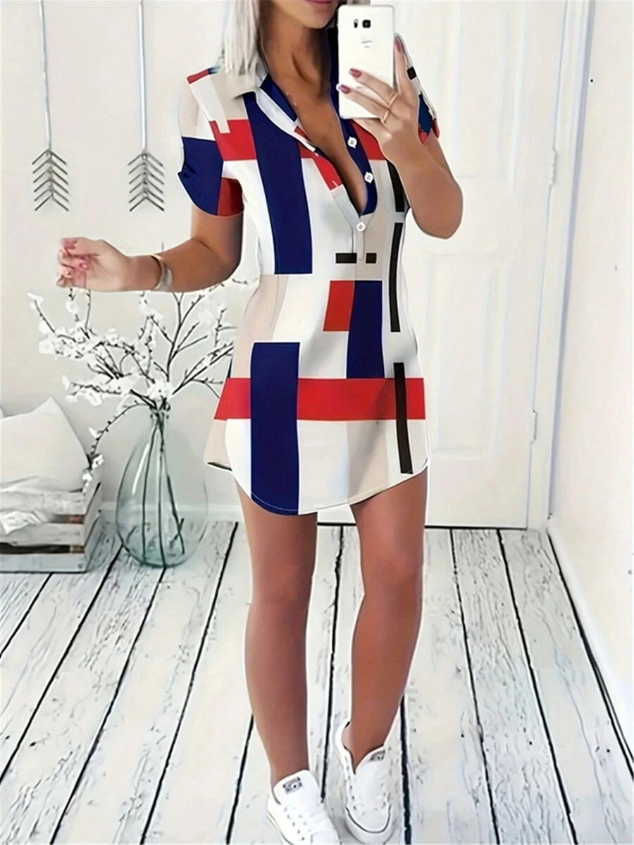 Casual Short Sleeve Printed Lapel Mid-Length Shirt - Red - View 1