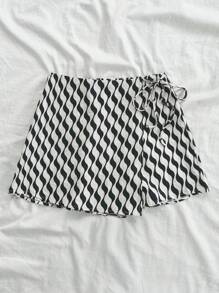 Soleia Women's Casual Wave Pattern Print Shorts With Front Ruffle Trim And Tie-Side - Multicolor - View 3