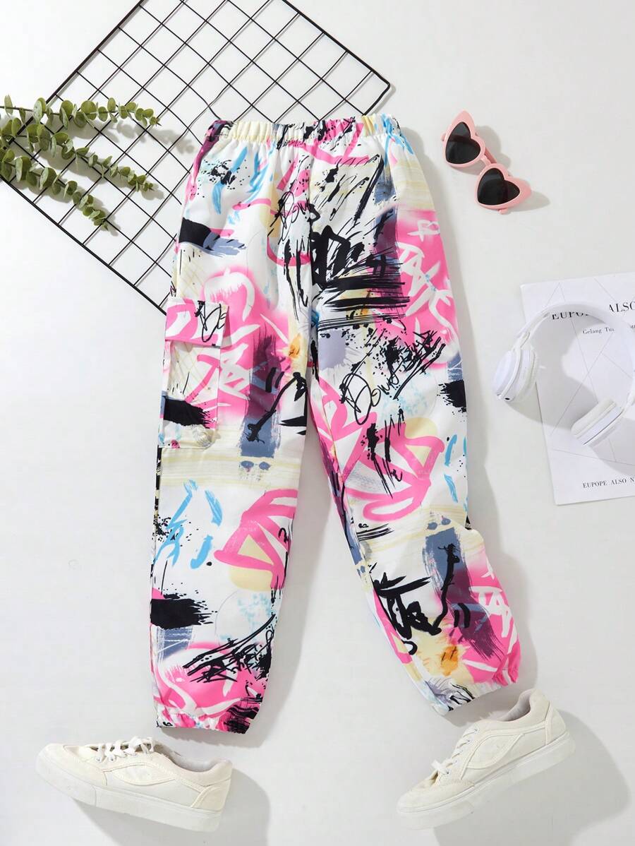 SHEIN Tween Girls' Doodle Printed Street Style Pants - Multicolor - View 1