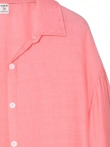 Conjunto de ropa casual de verano para adolescente, camisa rosa de manga larga con botones frontales, combinada con chaleco de camisola negro y pantalones - Rosa - Ver 5