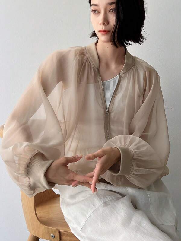 FRIFUL Zip Up Long Sleeve Bomber Jacket Sheer