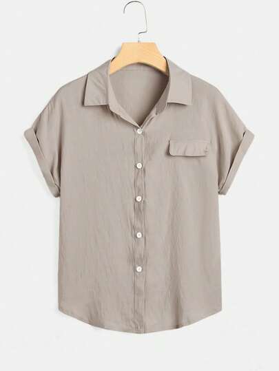 Camisa holgada casual de manga corta murciélago en caqui claro para mujer, escolar