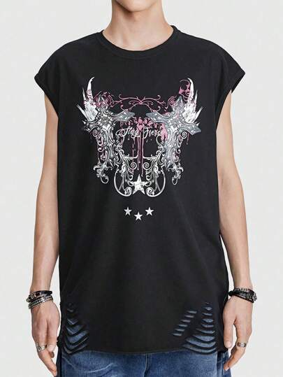 ROMWE Avant Camiseta de hombre de cuello redondo impresa con cruz y letras para uso casual en verano