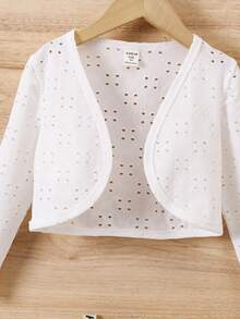 年輕女孩針織空心實色長袖短款開襟衫 - 白色 - 查看 3
