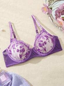 صدرية تطريز زهور على شبكة نسائية سكسية، ملابس داخلية - الأرجواني - مشاهدة 1