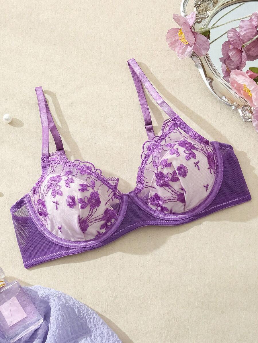 صدرية تطريز زهور على شبكة نسائية سكسية، ملابس داخلية - الأرجواني - مشاهدة 1