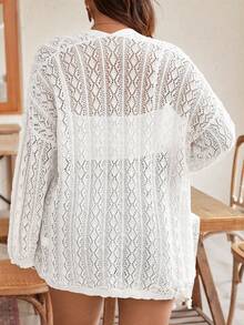 SHEIN Frenchy 大碼露空長袖夏日假日開衫 - 白色 - 查看 7