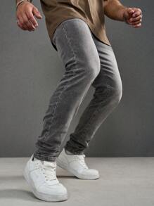 Manfinity Homme 男士純色簡約日常拉鍊灰色牛仔褲 - 灰色 - 查看 5