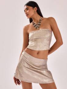 MUSERA Metallic Bandeau Style Longline Crop Top Vacation Spring Summer - Khaki - View 5