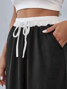 EURMUSE Women Drawstring Waist Wide Leg Pants - Black - View 3