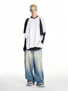 Manfinity EMRG Men's Light Blue Faded Washed Loose Baggy Jeans With Wide Legs