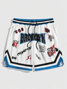 ROMWE MEN Prep 男士条纹边饰字母图案抽绳腰阔腿休闲篮球短裤，校园 - 彩色 - 查看 1