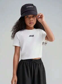 SHEIN Tween Girl Short Crop Top With Raglan Sleeve And Letter Print - White - View 4