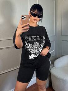 SHEIN SXY Band Pattern Snow Wash Tee & Cycling Shorts Summer Casual Set