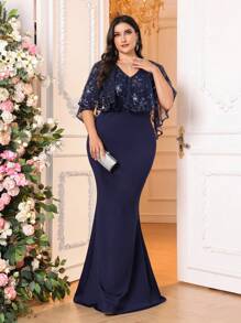 SHEIN Belle Vestido de madre de estilo sirena elegante azul marino talla grande, con detalles de lentejuelas lujosos en telas elásticas, escote en V, mangas tipo capa y perfecto para ocasiones formales. - Azul Marino - Ver 7