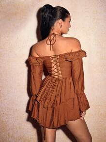 SHEIN SXY Vintage Princess Ballet Style Shades Of Brown Multi-Layered Ruffle Hem Mini Dress,Spaghetti Straps Backless Design,Seductive Autumn Date Night Dress - Brown - View 2