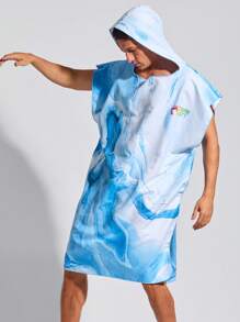 Surfspeed Men's Summer Wave Printed Hooded Swim Cover-Up, Vacation Beach Wear