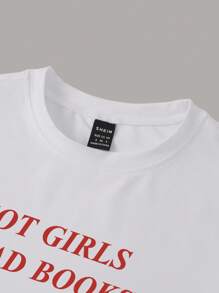 Flirla Slogan Graphic Cropped Slim Fit T-Shirt HOT GIRLS READ BOOKS - White - View 3
