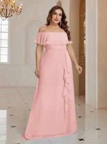 SHEIN Belle Plus Size Solid Color Spaghetti Strap Dress With Asymmetrical Ruffles And Side Slit, Elegant Bridesmaid Gown - Pink - View 4