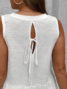 SHEIN LUNE Áo ba lỗ cổ tròn màu trơn cỡ lớn có viền xếp nếp, trang phục thường ngày mùa hè - trắng - Xem 7