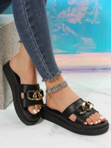 Women's Chunky Platform Wedge Sandals, Fashionable Black Metal Chain Design Slides - Black - View 2