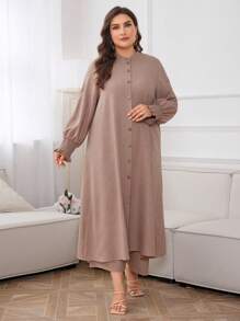 Al Najma Plus Solid Button Front Coat & Pants For Summer, Modest Longline Shirt Set 2 Pieces Set - Khaki - View 1