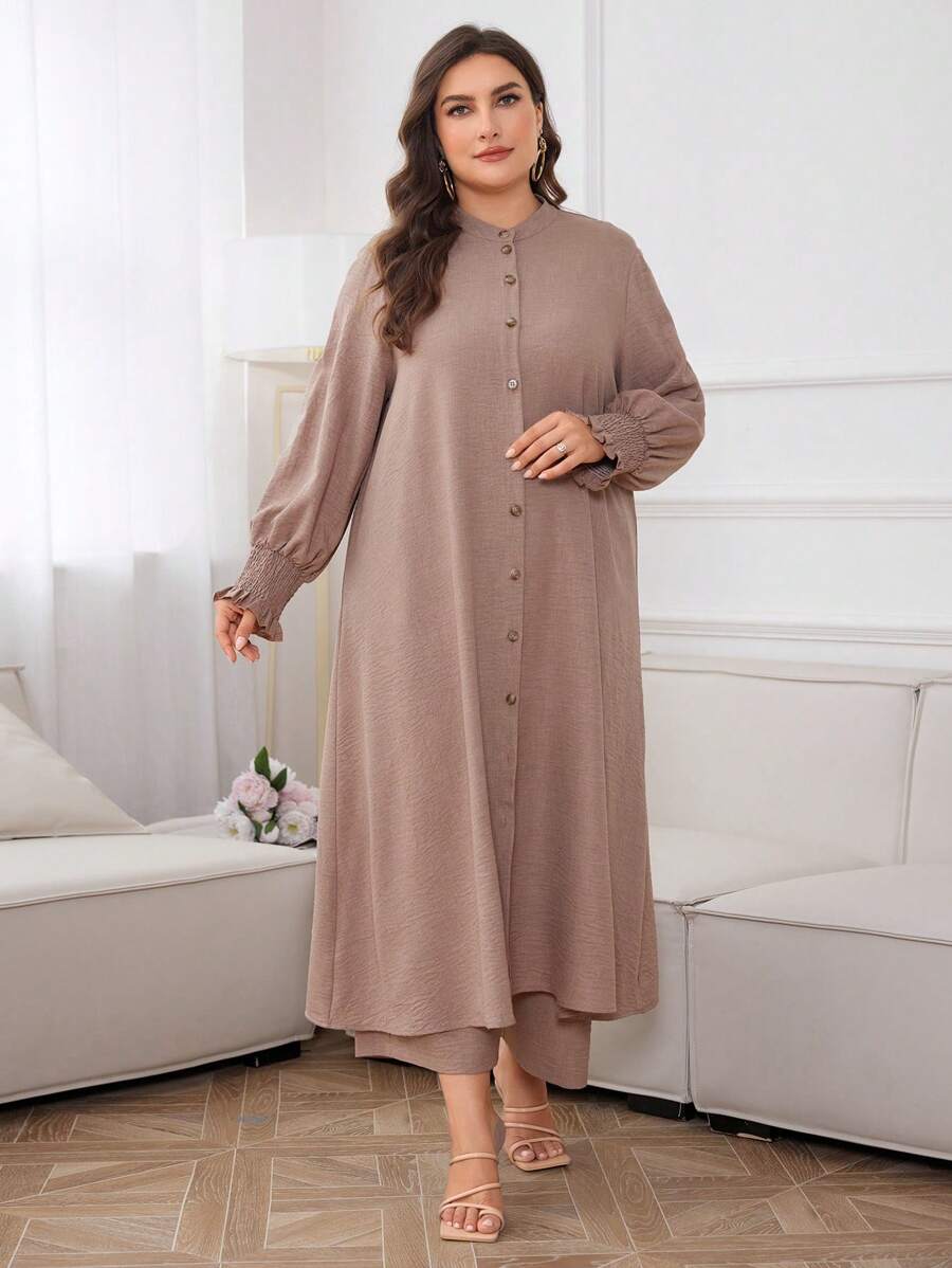 Al Najma Plus Solid Button Front Coat & Pants For Summer, Modest Longline Shirt Set 2 Pieces Set - Khaki - View 1