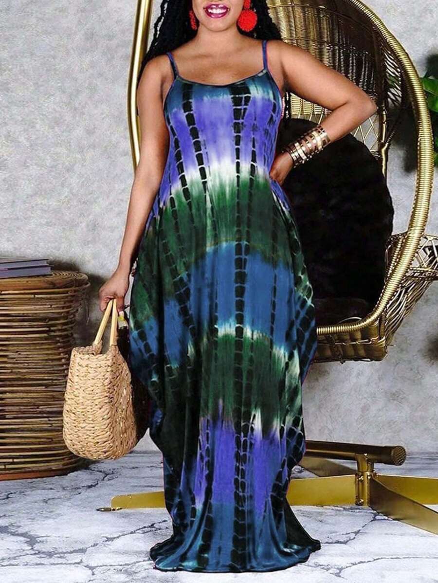 LONESS Plus Size Tie Dye Resort Casual Dress With Spaghetti Straps - Multicolor - View 1