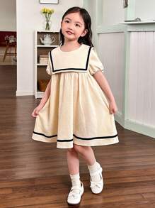 SHEIN Young Girl Solid Color Adorned Pocket Turn-Down Preppy Dress - Apricot - View 7