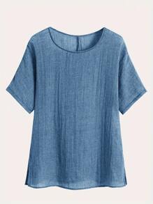 EMERY ROSE Summer Solid Short Sleeve Round Neck Blouse - Blue - View 3