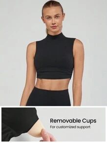 GLOWMODE FeatherFit™ Get Higher Mock-Neck Curved Hem Tank Top Light Support - Black - View 3