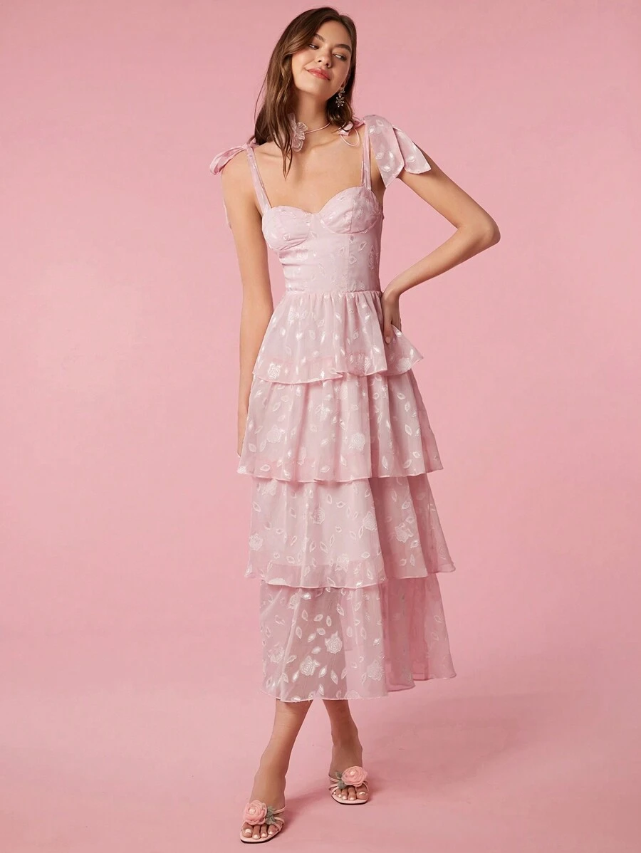 Enchnt 花卉提花帶肩層疊襬鬆緊罩衫連身裙