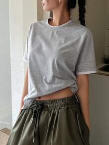 DAZY 基本款拼色二合一短袖女式 T 恤 - 黑與白 - 查看 6