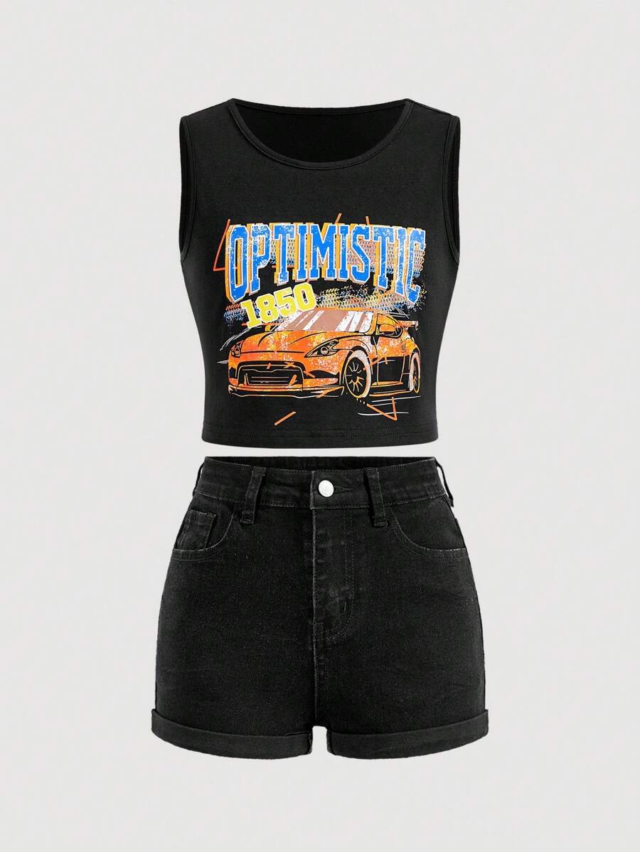 SHEIN 青少年女孩纯色字母和汽车印花背心和黑色贴袋牛仔短裤 2 件套服装 - 黑色 - 查看 1