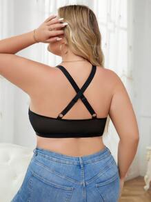 Lace Contrast Mesh Sponge Padded Bralette With Front Closure, Plus Size, 1pc Lingerie - Black - View 2
