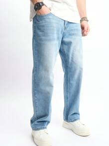 Manfinity Homme 男款休閒錐形牛仔褲，石青色